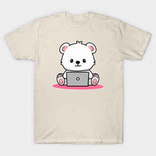 Cartoon Polar Bear on Computer T-Shirt